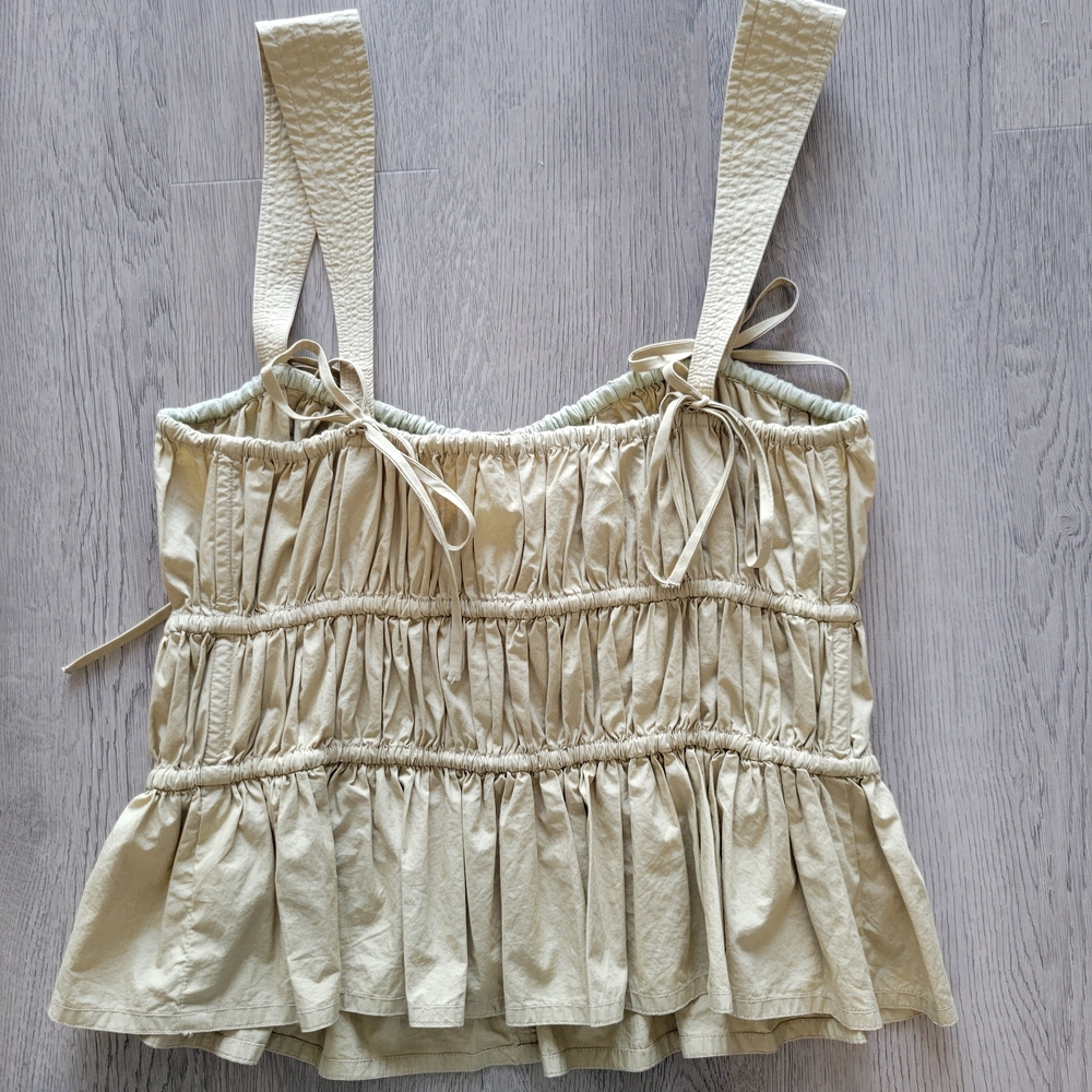 ULLA JOHNSON Lulu Beige Smocked Ruched Ruffle Tie Peplum Top Sz 6 Revolve Khaki - Picture 6 of 9